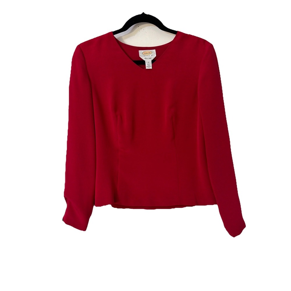 Talbots Pure Silk Blouse Top pullover Size 8P Red Long Sleeve  V-neck Lined